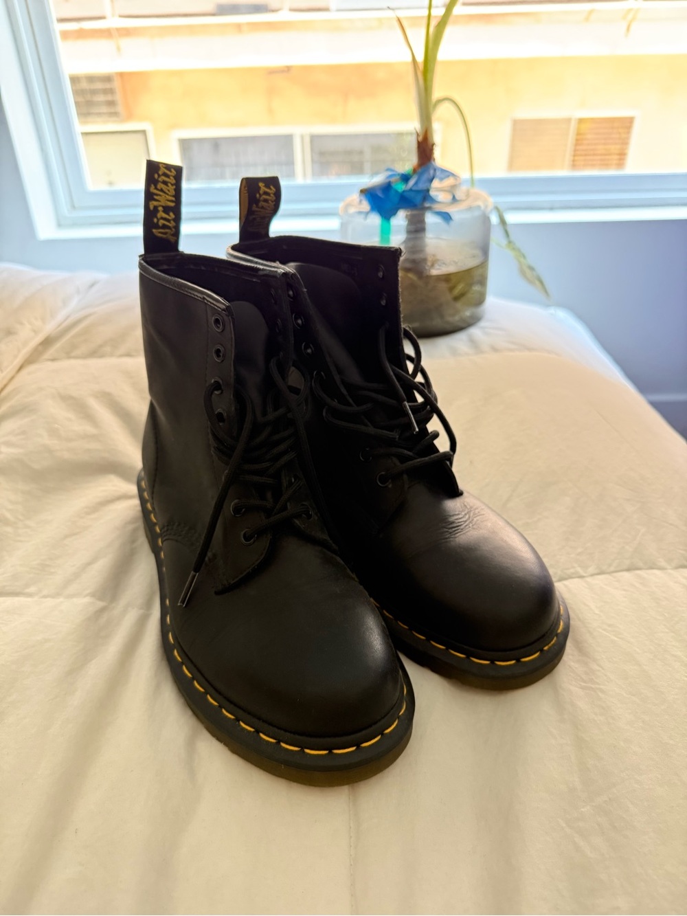 Dr. Martens Black Leather Lace-Up Ankle Boots with Yellow Stitching